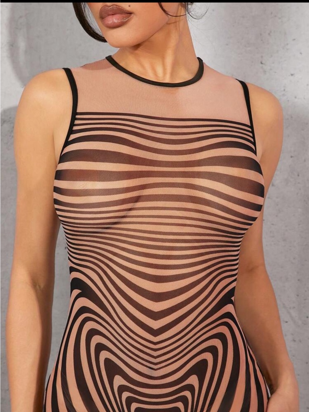 Sheer Striped Bodycon Midi Dress - Black on Nude